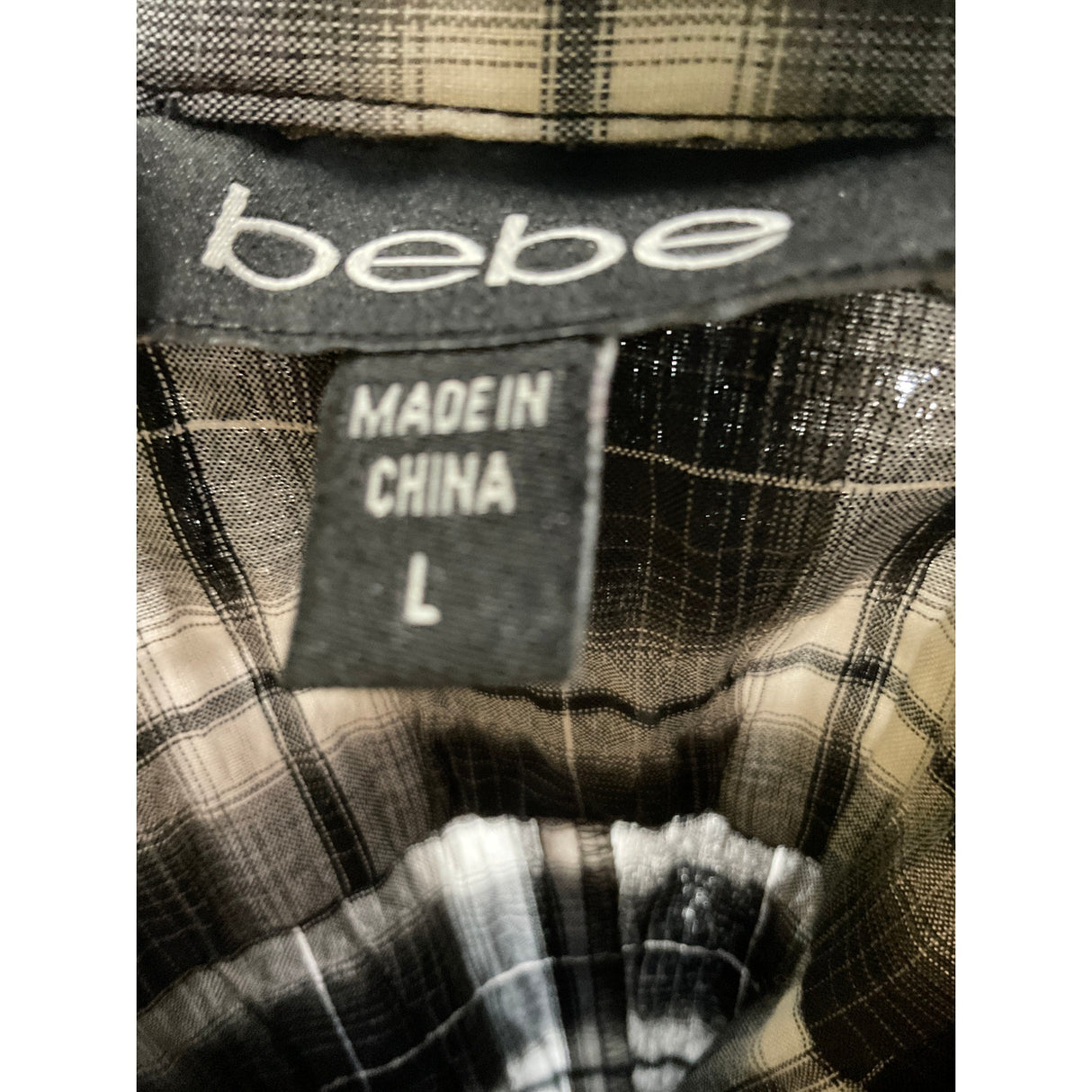 BEBE Black Plaid Button-Up Top