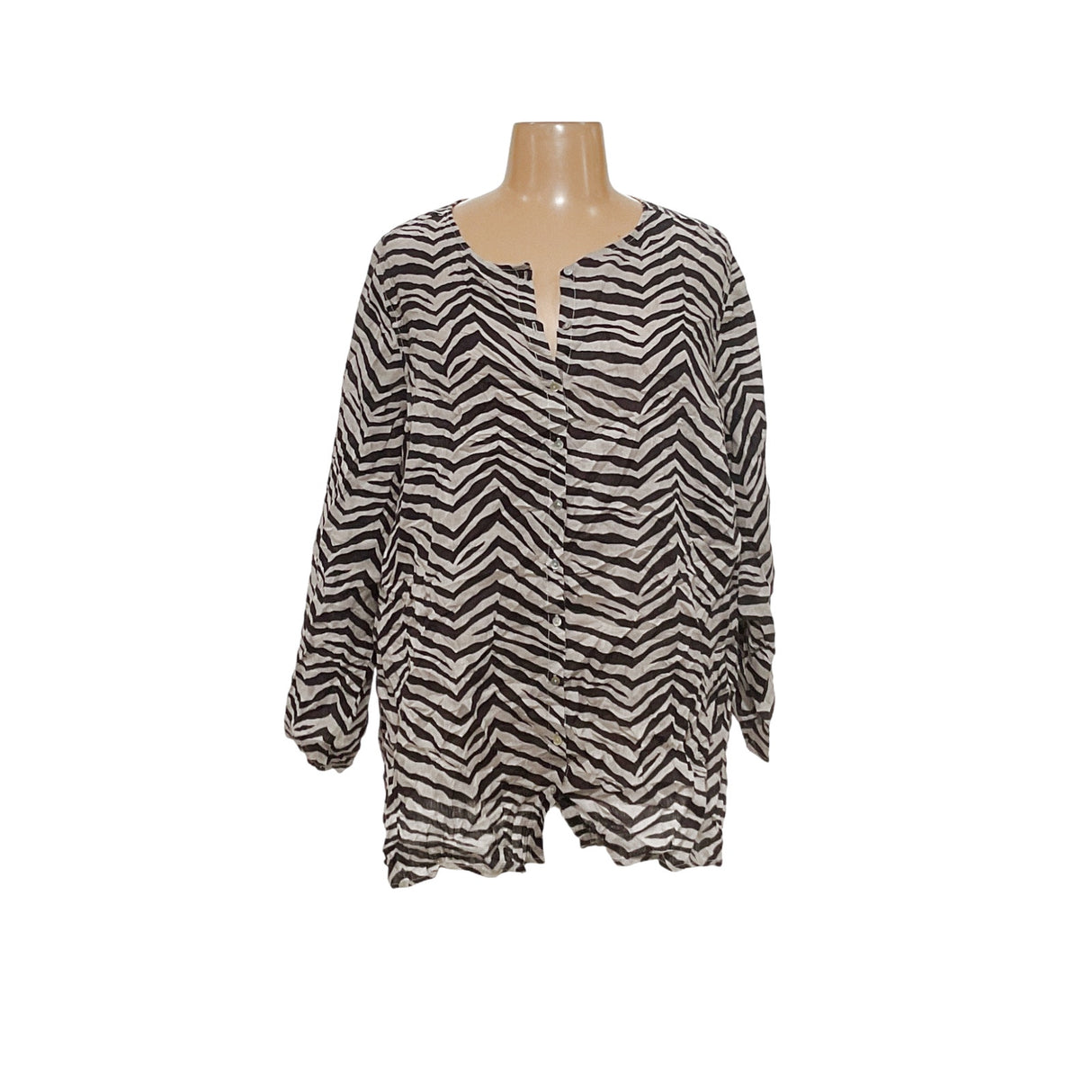 Tahari 3X Linen Zebra Print Button-Up Top - Brown